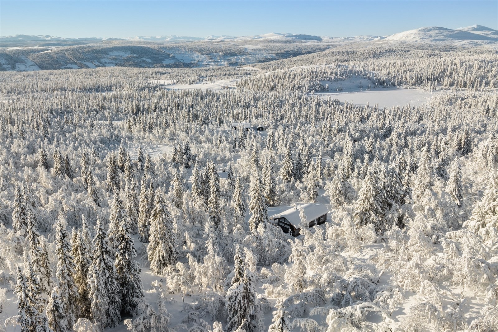 Hytta og nærområdet sett fra luften Galleribilde