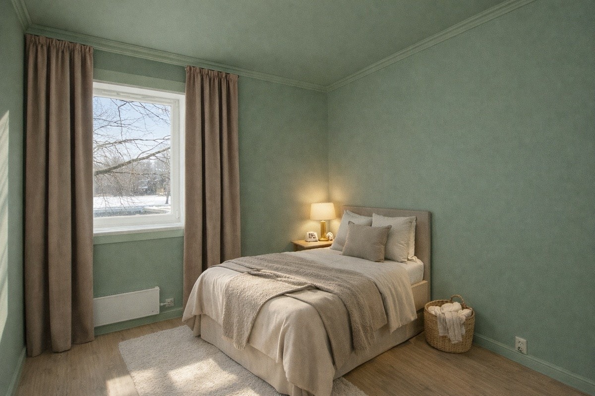 Halvparten av soverommene vil være malt i en moderne grønnfarge og vil være utstyrt med beige fløyelsgardiner. Se eksempel på møblering. Galleribilde
