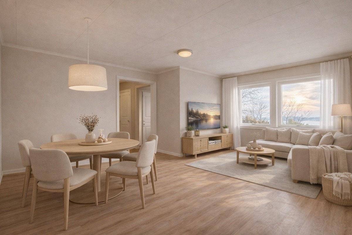 Stuen vil ha lys og moderne farger med hvite gardiner. Se eksempel på hvordan den kan møbleres med spisebord, tv og sofa med sofabord. Galleribilde