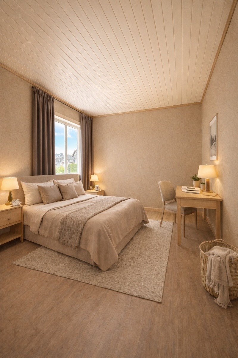 Halvparten av rommene vil ha en moderne muskattnøtt farge med mørke grå fløyelsgardiner. Se eksempel på hvordan hovedsoverommet kan møbleres. Galleribilde