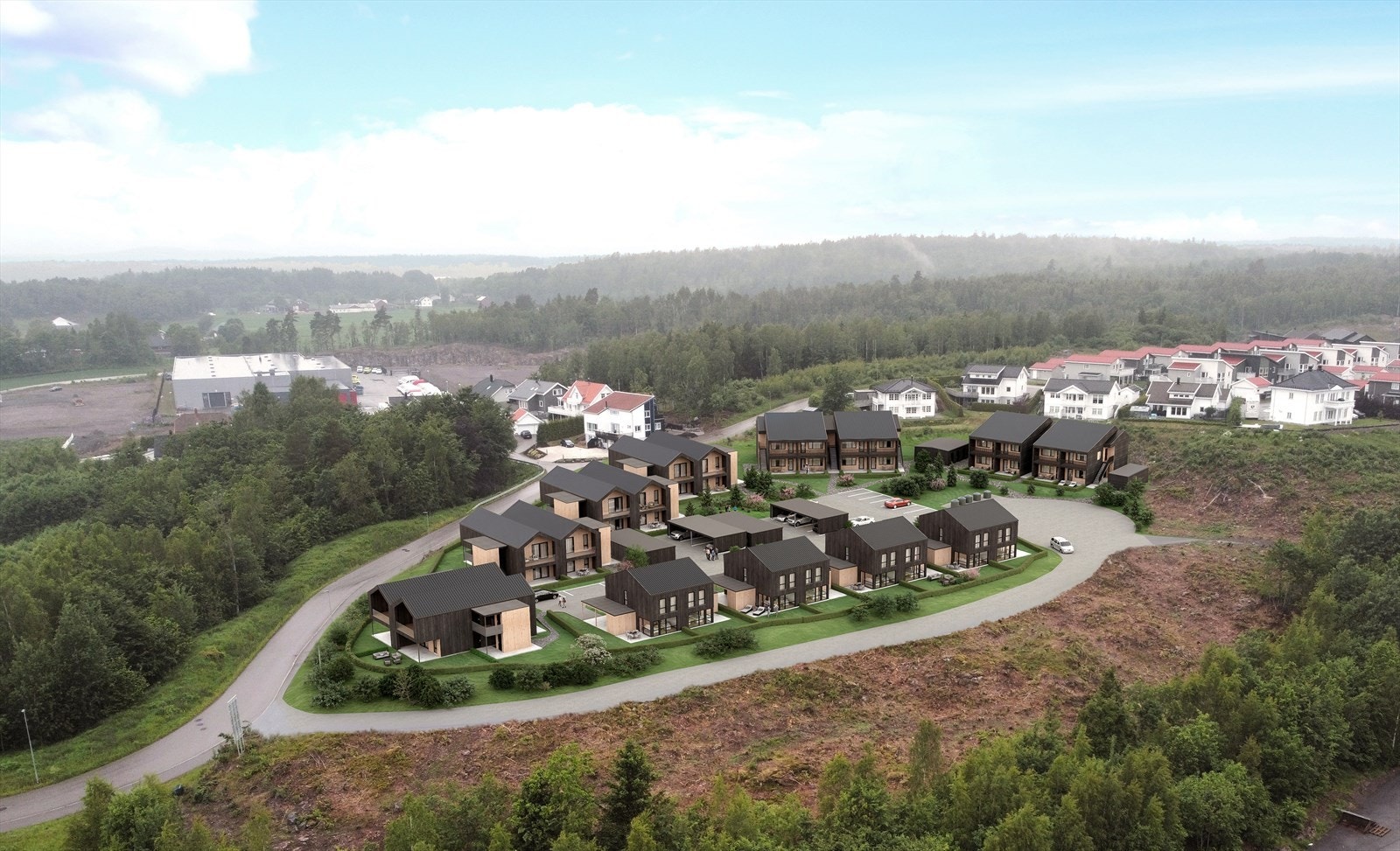 Bildet er en illustrasjon av hva som planlegges bygget vest for denne tomten. Denne tomten ligger litt til høyre i bildet i feltet mellom veien og trærne. Galleribilde