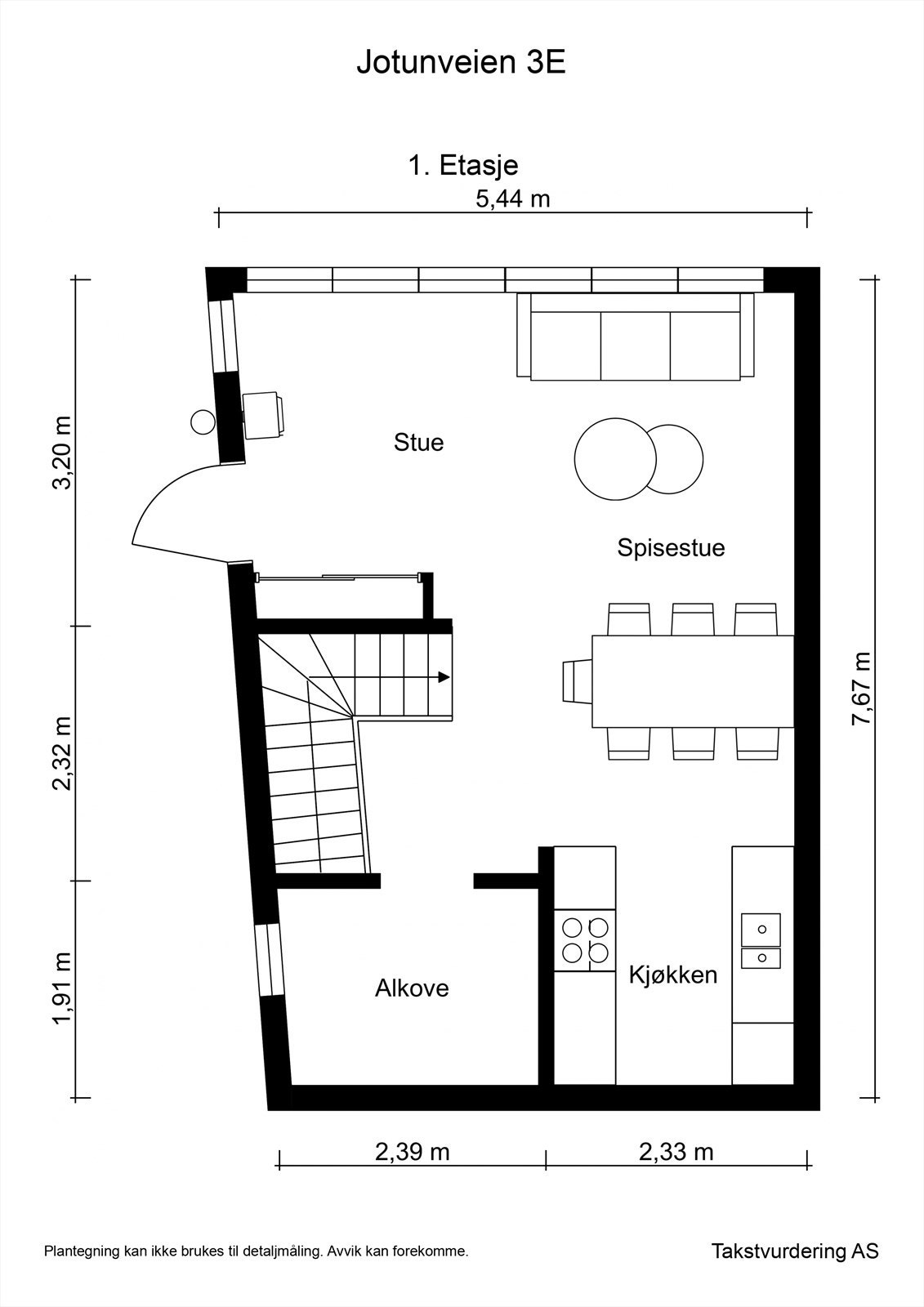 Plantegning av 1. etasje : Åpen stue/ kjøkken løsning samt en praktisk alkove. Galleribilde