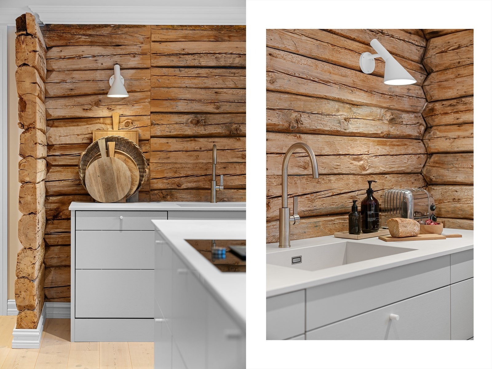 De gamle tømmerveggene som er fra 1800-tallet er tatt vare på og har ingen funksjon annet en dekor. Legg merke til at innredningen ikke går helt vegg-til-vegg, slik at du kan se tømmeret hele veien ned til gulvlistene. Galleribilde