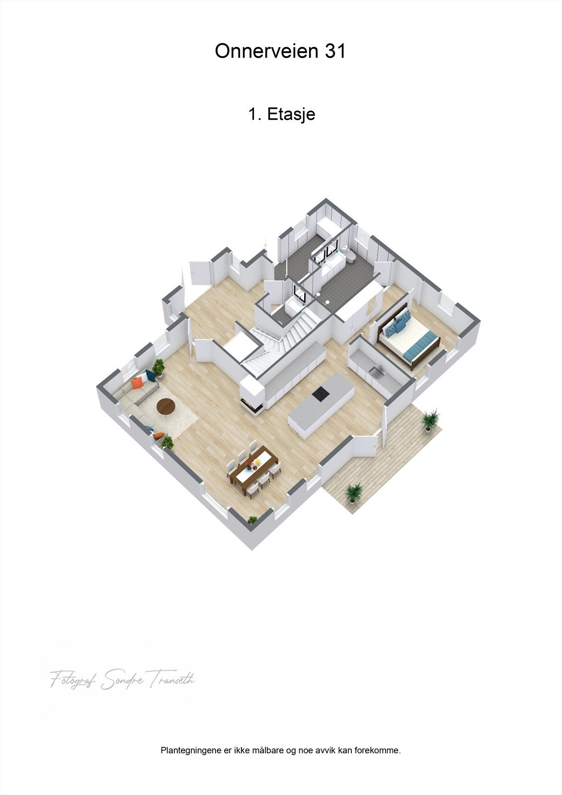 Planløsning 1.etg.: entre/hall, vaskerom, toalettrom med tilkomst til innvendig bod under trapp, åpen stue/kjøkkenløsning med tilkomst til hage, garderoberom, hovedsoverom og bad Galleribilde
