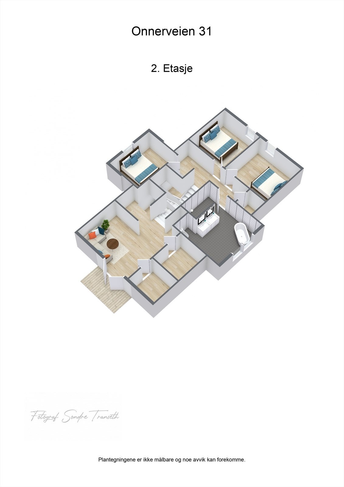 Planløsning 2.etg.: loftsstue med lesekrok og tilkomst til terrasse, mellomgang, 3 soverom, innvendig bod og bad samt kontor og innvendig bod
(godkjent som del av stue) Galleribilde