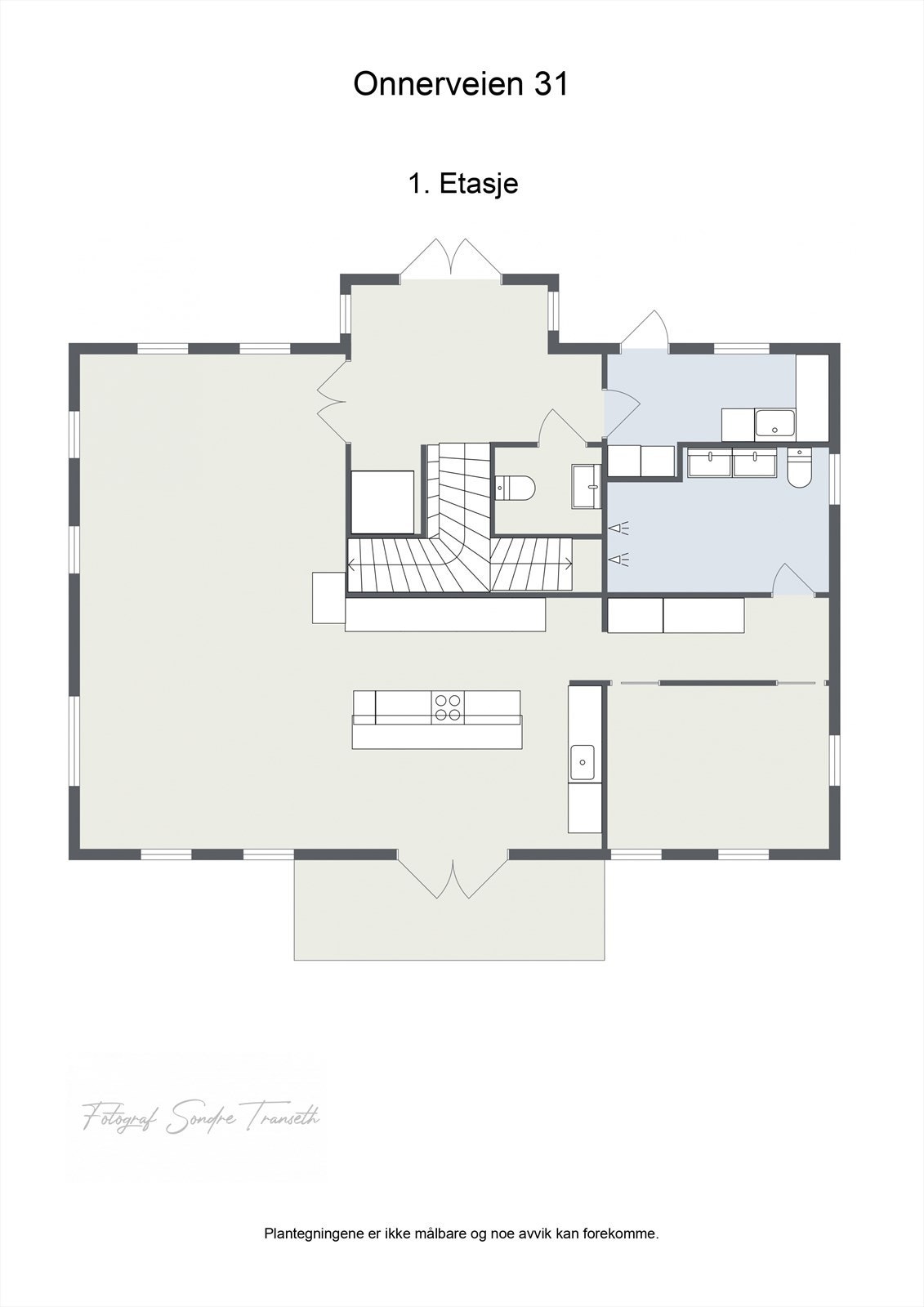Planløsning 1.etg.: entre/hall, vaskerom, toalettrom med tilkomst til innvendig bod under trapp, åpen stue/kjøkkenløsning med tilkomst til hage, garderoberom, hovedsoverom og bad Galleribilde