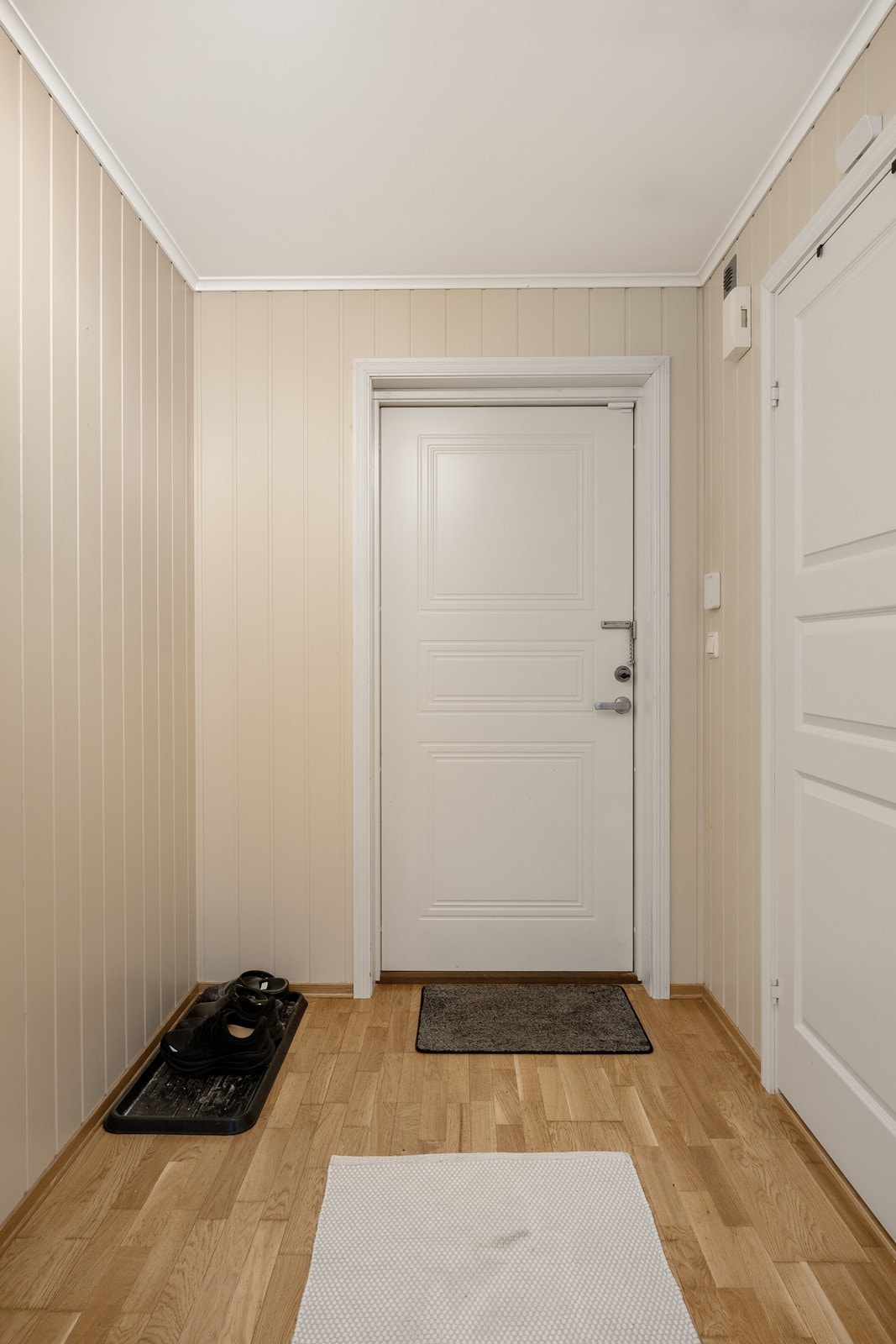 Entréen har en hvitmalt dør, lysmalte panelplater og parkettgulv som gir et innbydende inngangsparti. Galleribilde