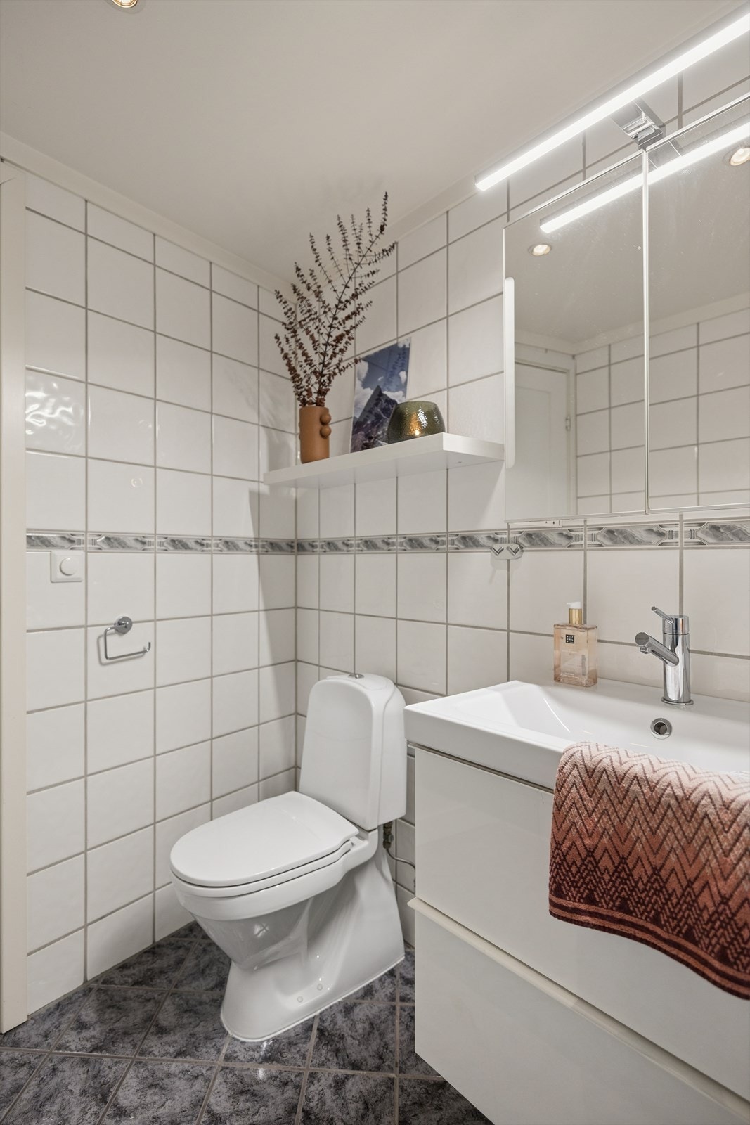 Servant med underskap, dusjvegger, gulvmontert toalett og opplegg for vaskemaskin. Galleribilde