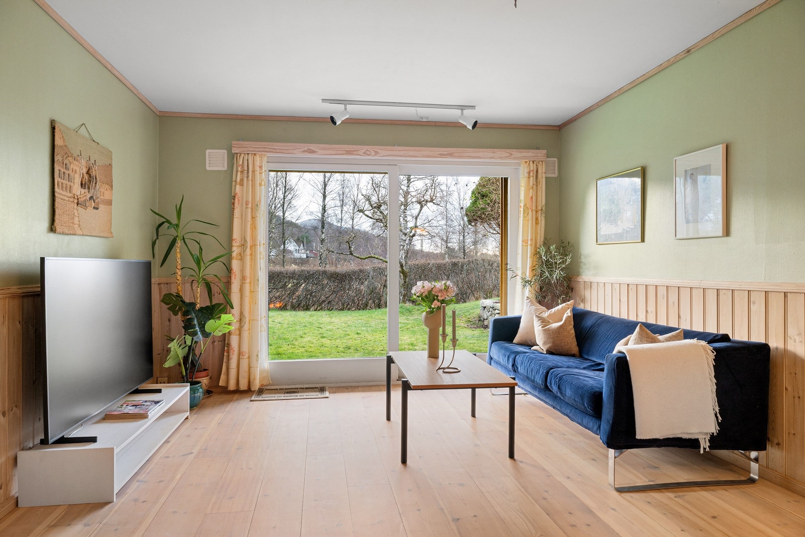 TV-stue med skyvedør ut til hagen / utearealet. Galleribilde