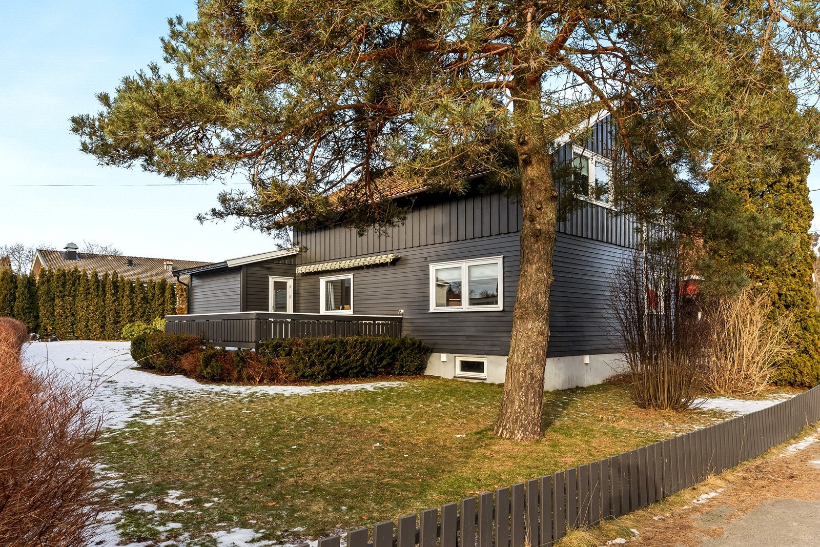 Tomten er opparbeidet med plen, hekk og prydbusker. Galleribilde