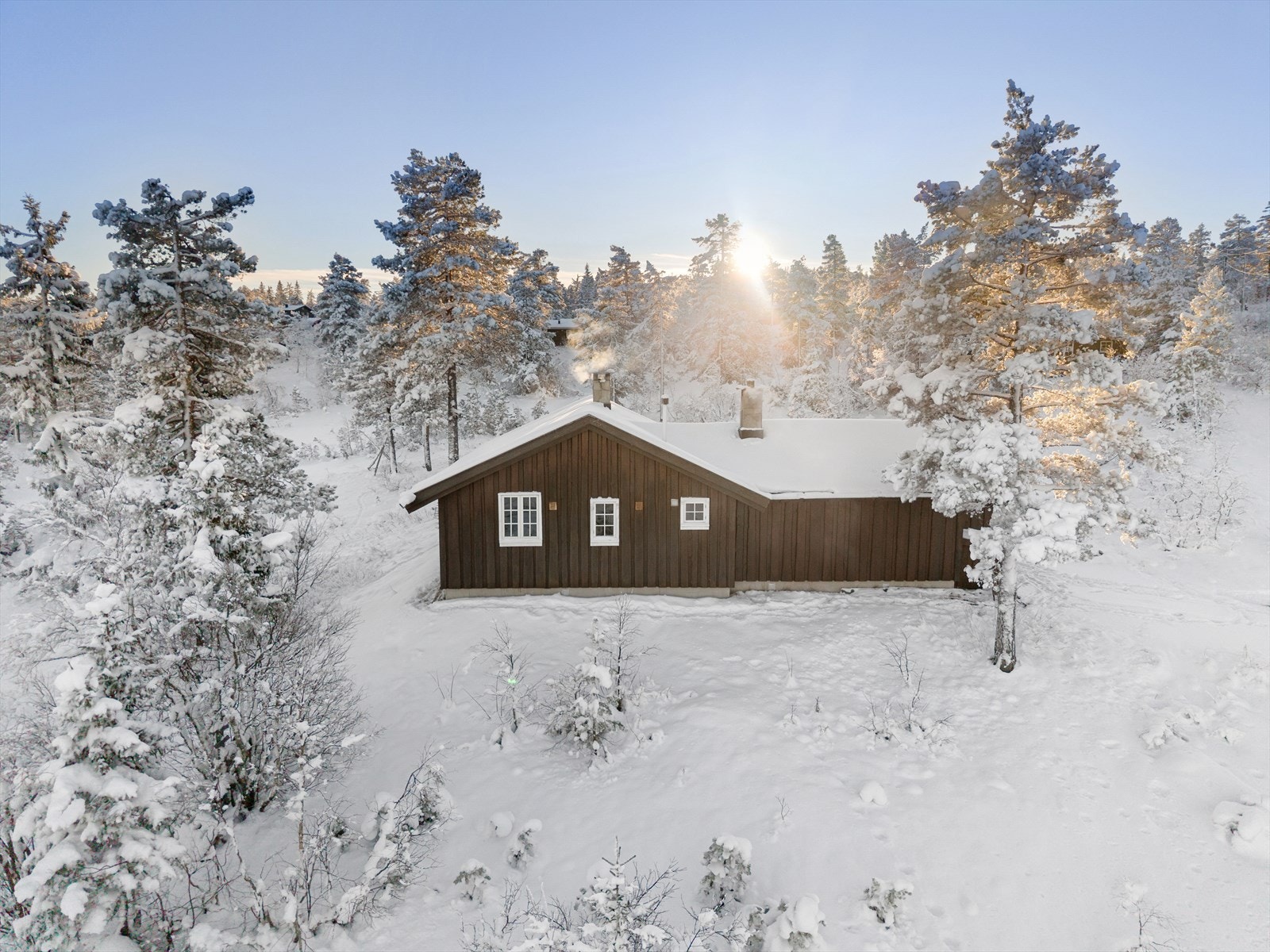 Tomta er forholdsvis flatende og fin, og det fremstår luftig og åpent rundt hytta. Galleribilde