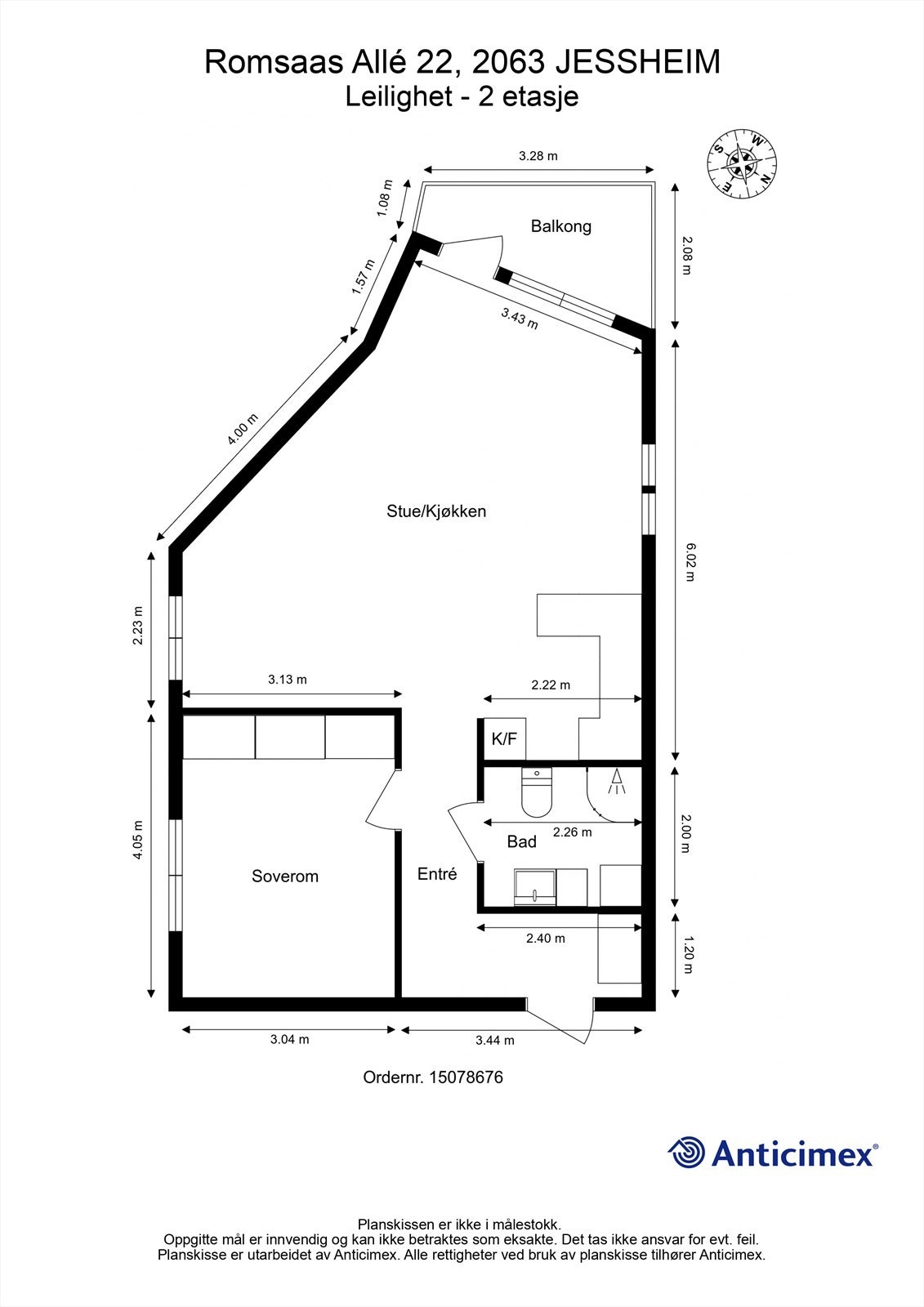 Plantegning med innvendige mål og himmelretning. Galleribilde