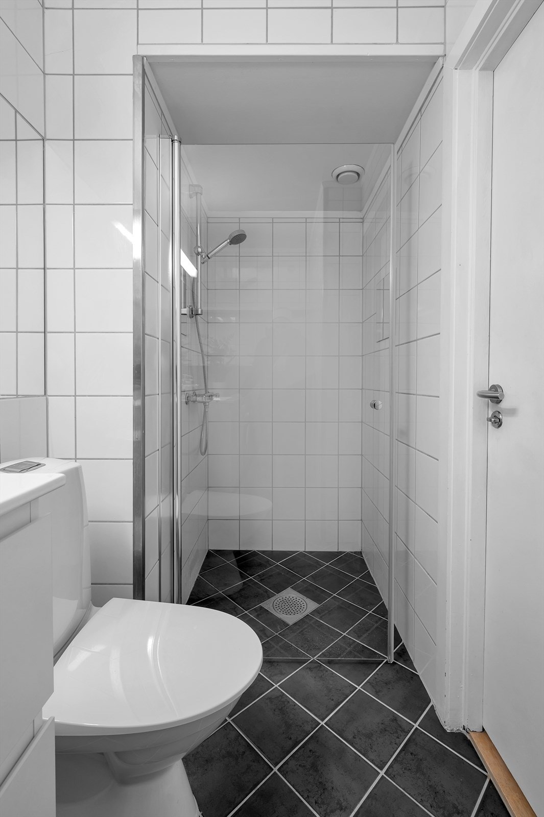 Baderom med toalett, dusjnisje, baderomsinnredning og opplegg for vaskemaskin. Galleribilde