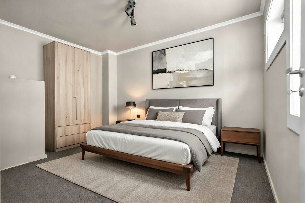 Digital innredning av soverom for å illustrere bruken av rommet Galleribilde