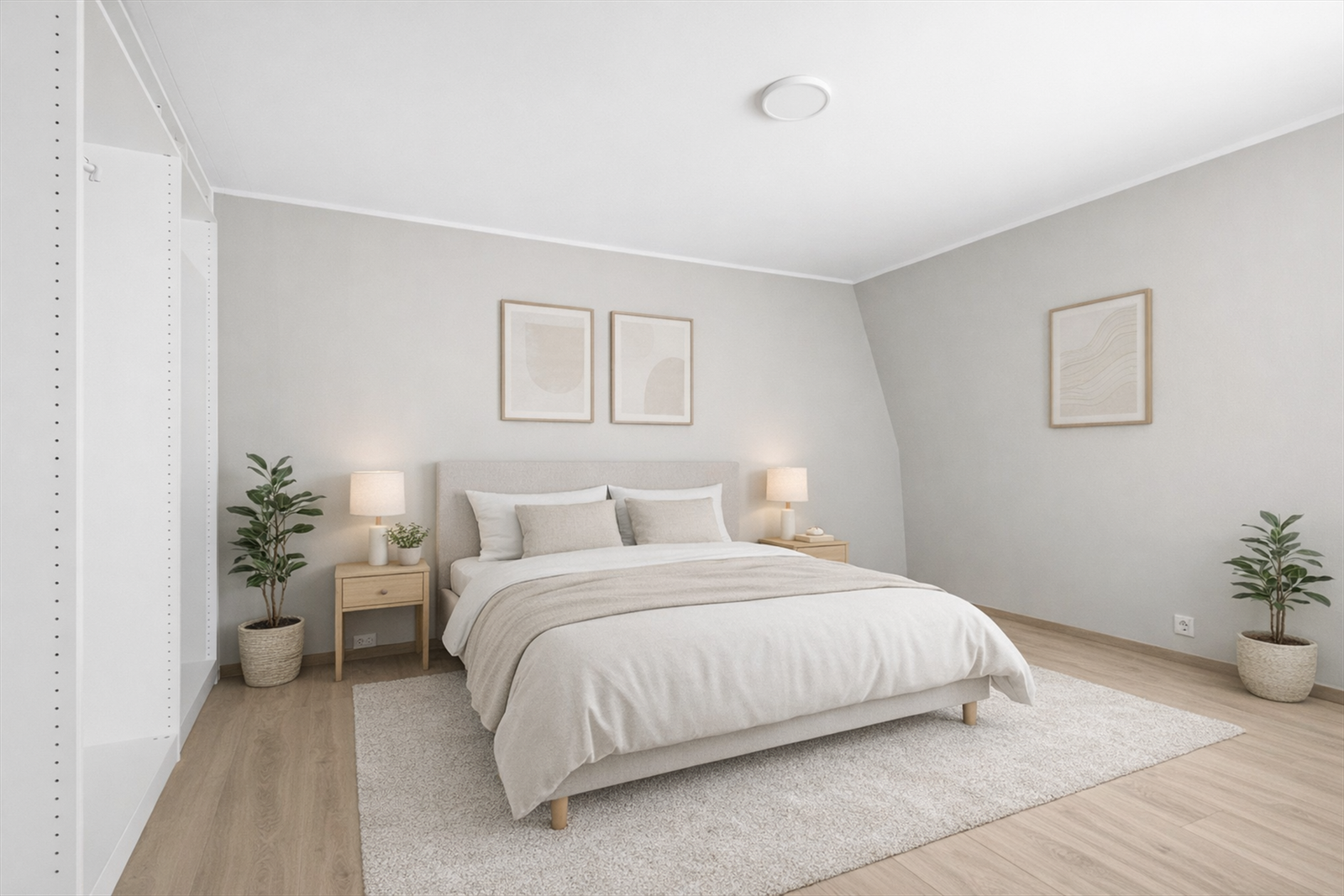 Hovedsoverommet er av god størrelse og har plass til dobbeltseng og tilhørende nattbord. (Stylet med AI) Galleribilde