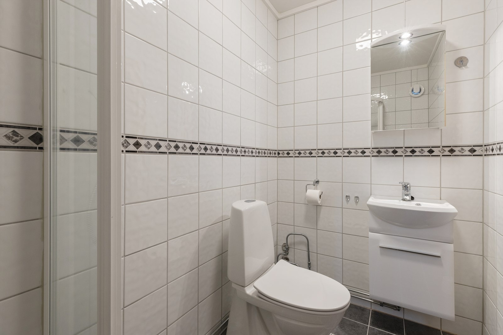 Baderom i kjelleretasjen fra 2010 - med gulvstående toalett, servant og dusjhjørne Galleribilde