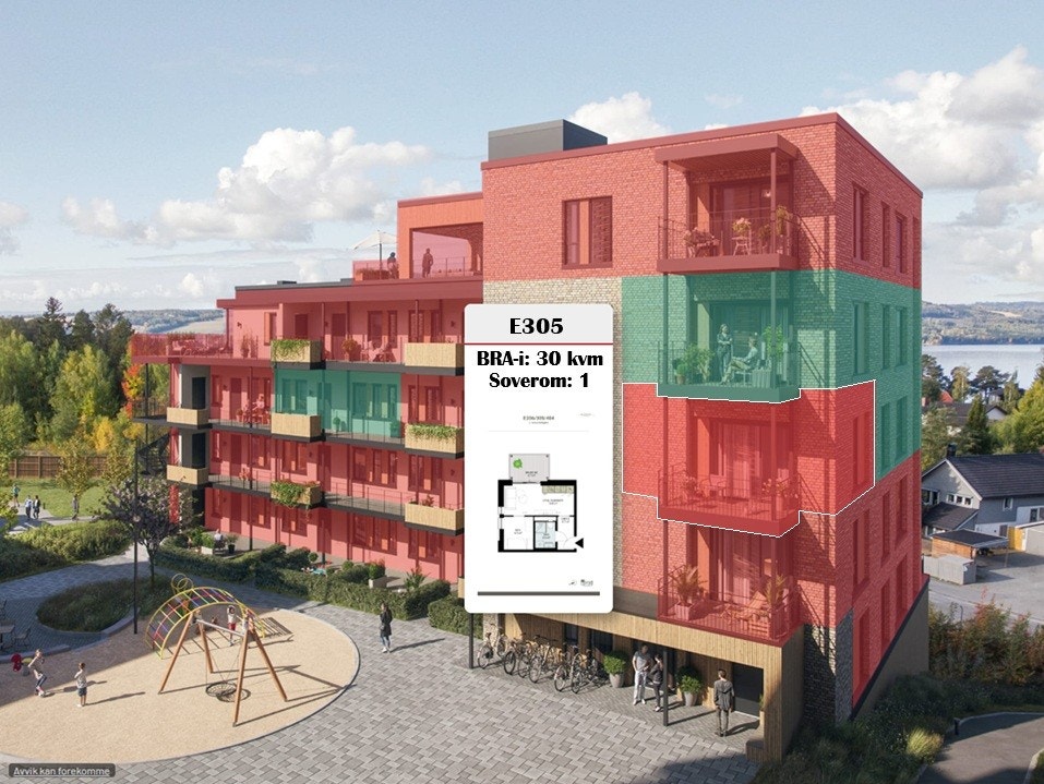 Leiligheten ligger i 3. etasje, med en luftig balkong ut mot et hyggelig og bilfritt fellesområde. Illustrasjon - avvik vil forekomme. Galleribilde