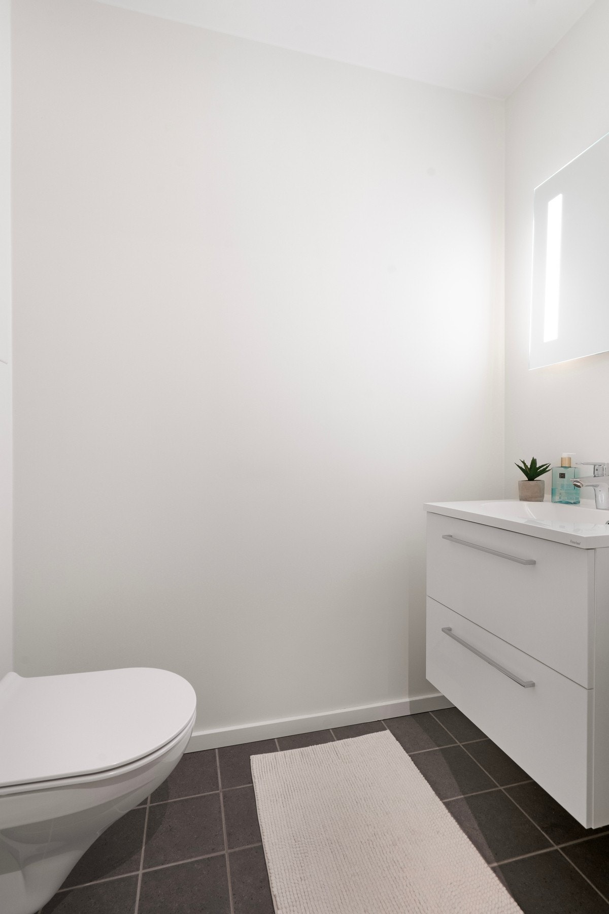 Toalettrom med veggmontert toalett og innredning med servant. Galleribilde