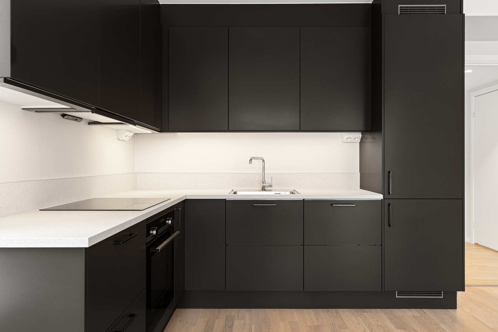 De integrerte hvitevarene består av komfyr, induksjonstopp, oppvaskmaskin og kjøl/frys - godt med skap- og benkeplass Galleribilde