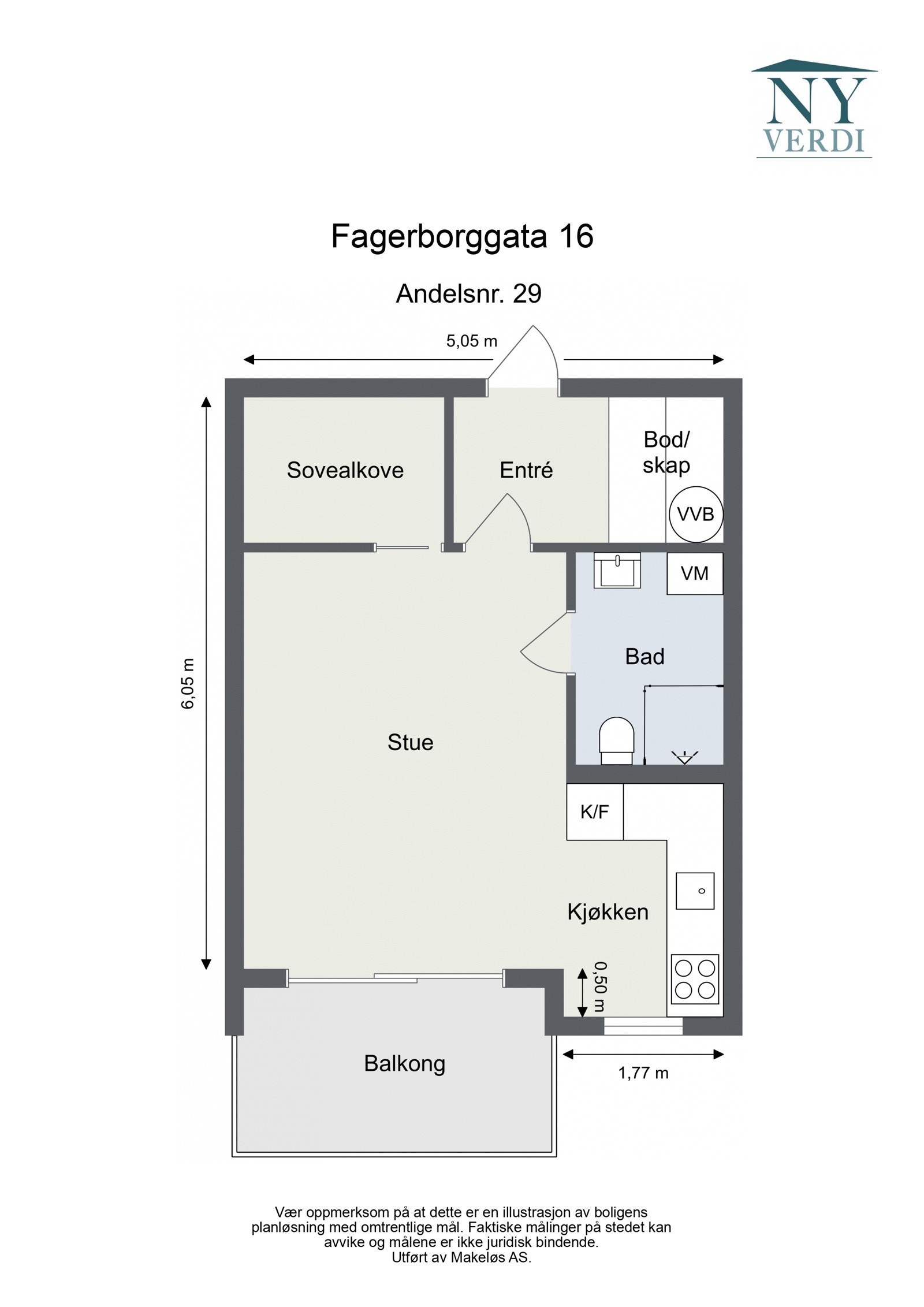 Plantegning 3. etasje. I tillegg disponerer leiligheten en bod på ca. 3m². Heis i bygget. Galleribilde