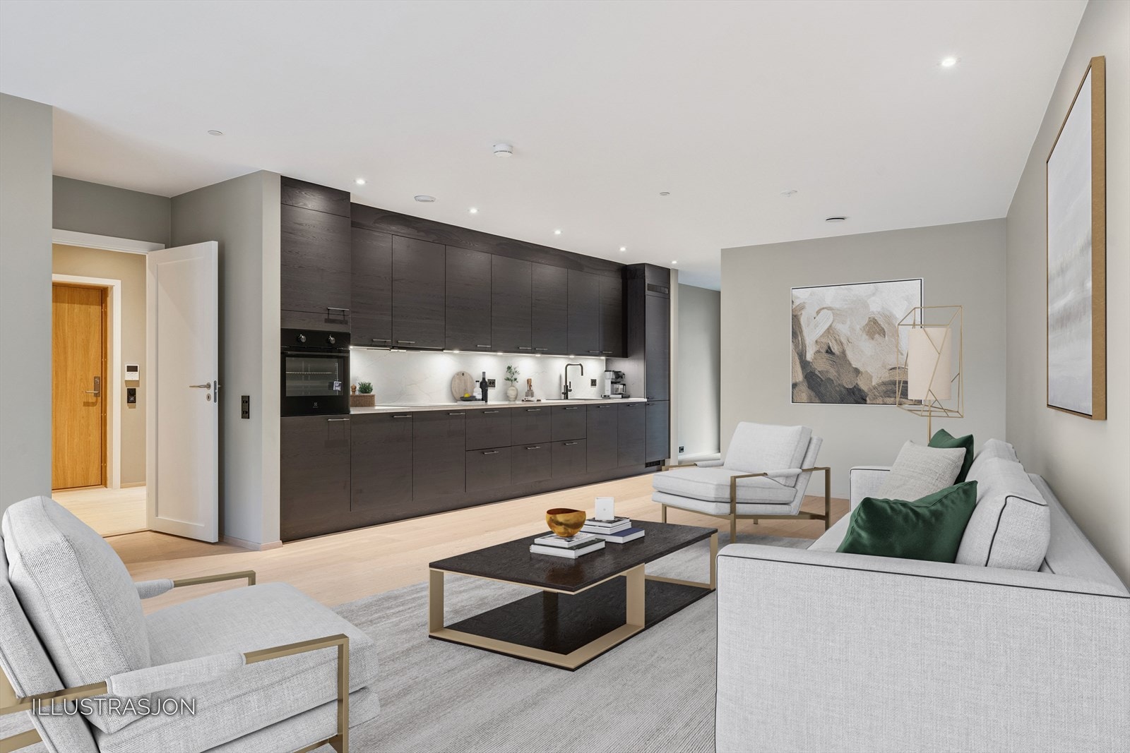 Kjøkken og stue, digitalt møblert for illustrasjon. Galleribilde
