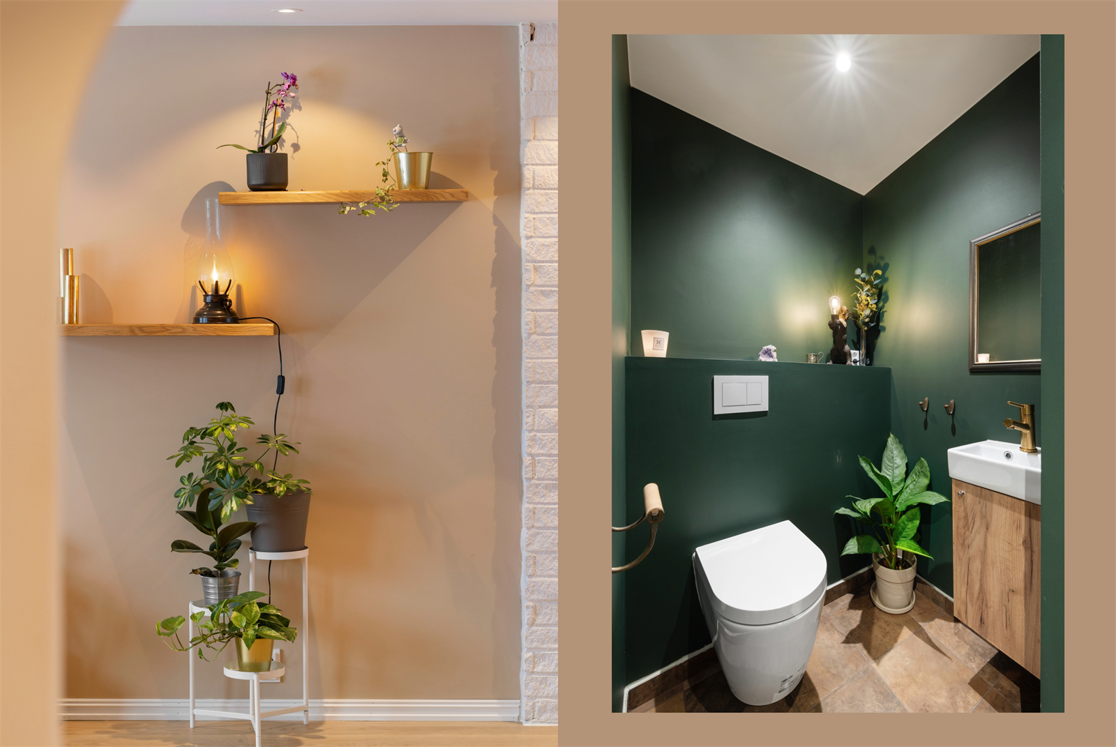 Gjennomtenkte detaljer og god belysning gir en lun atmosfære. Delikat fargepalett i hele boligen. WC i boligens første etasje. Galleribilde