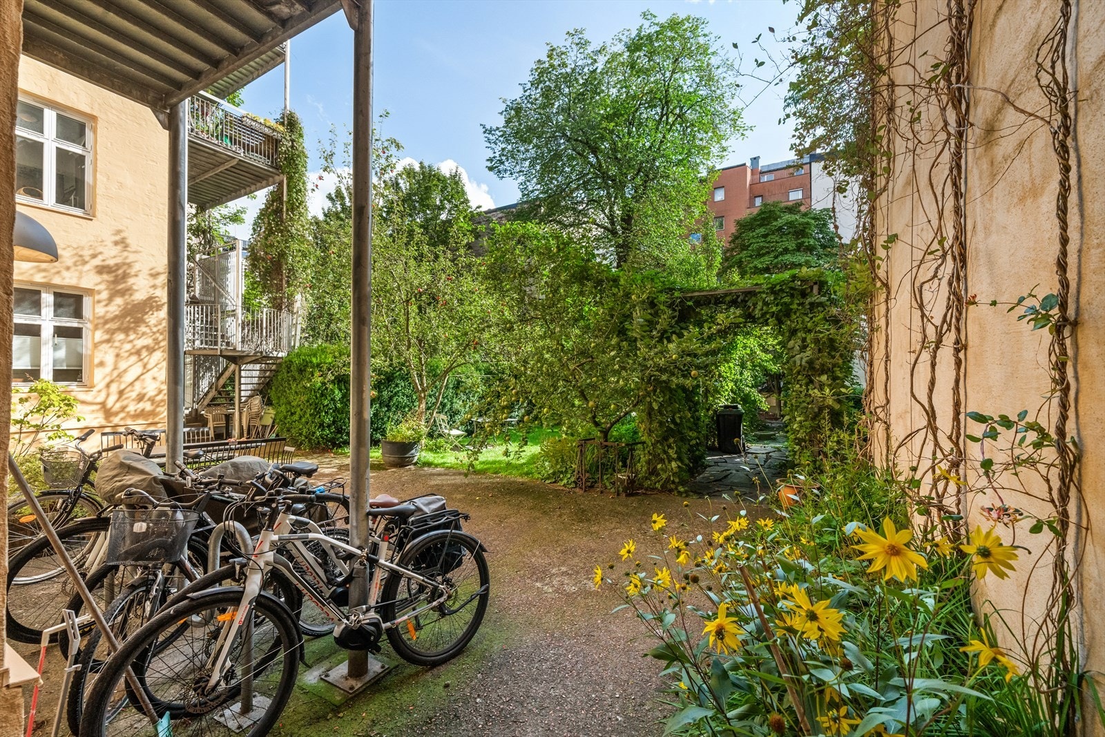 Leiligheten disponerer en felles skjermet bakgård som blir frodig og grønn på sommeren. Galleribilde