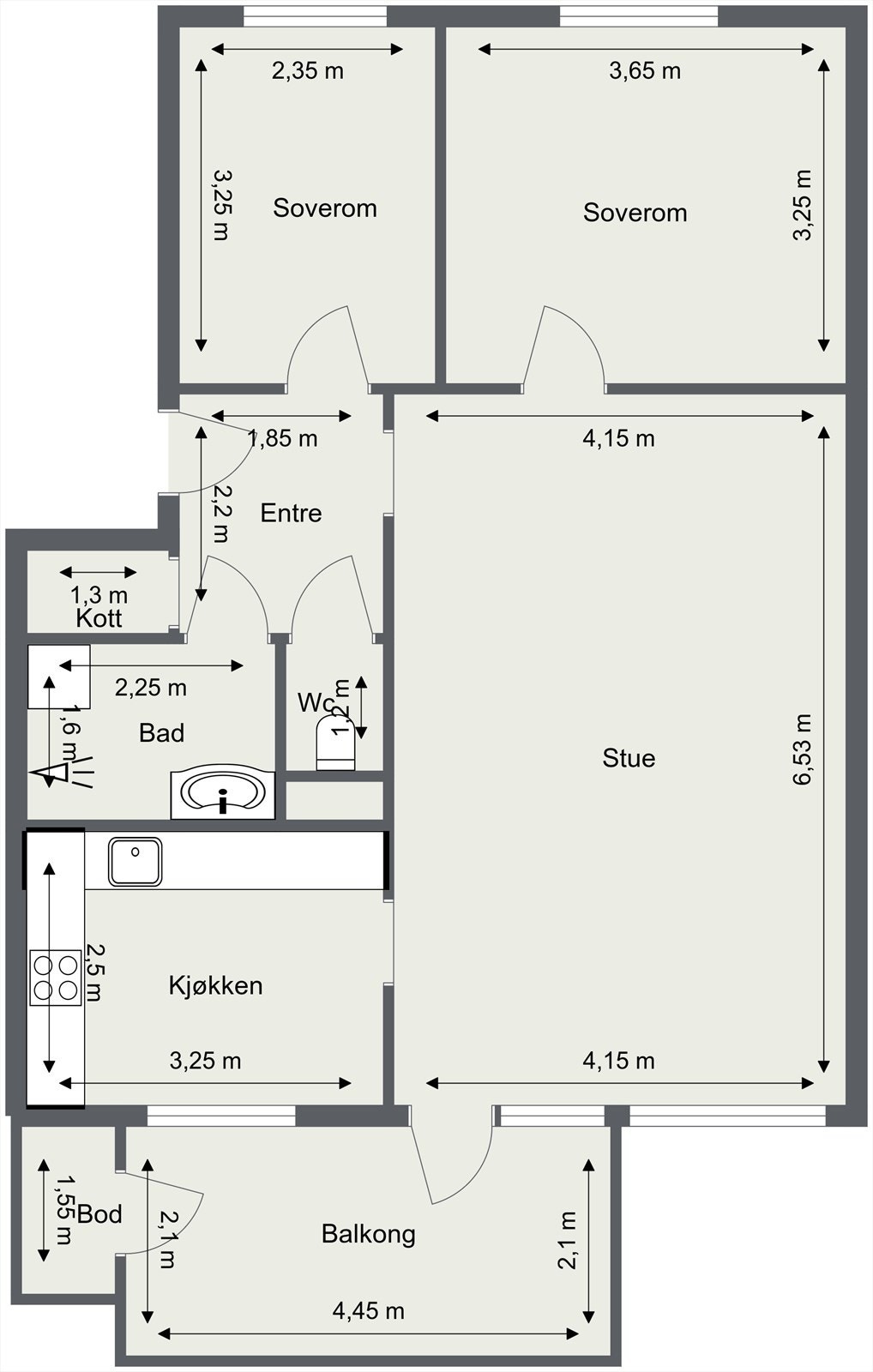 En arealeffektiv og gjennomgående planløsning på 67 m² med to soverom og separat kjøkken. Galleribilde