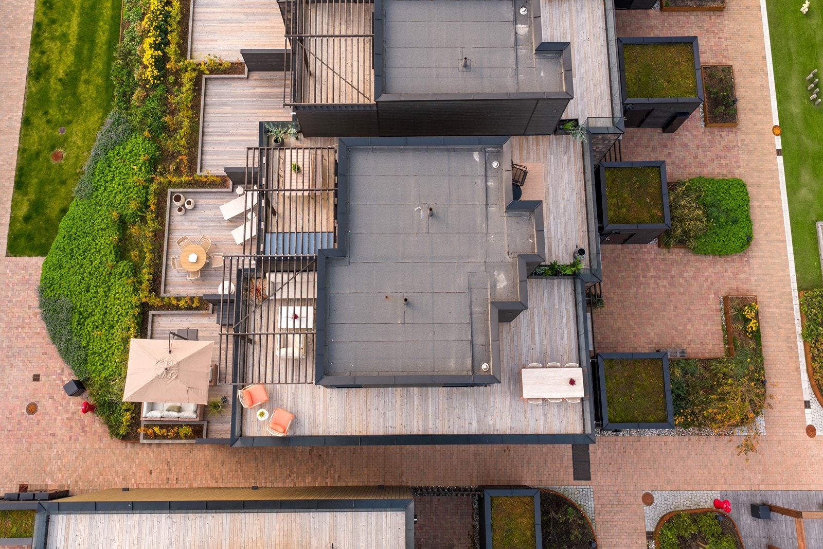 Oversikt over de private takterrassene og uteområdene. Galleribilde