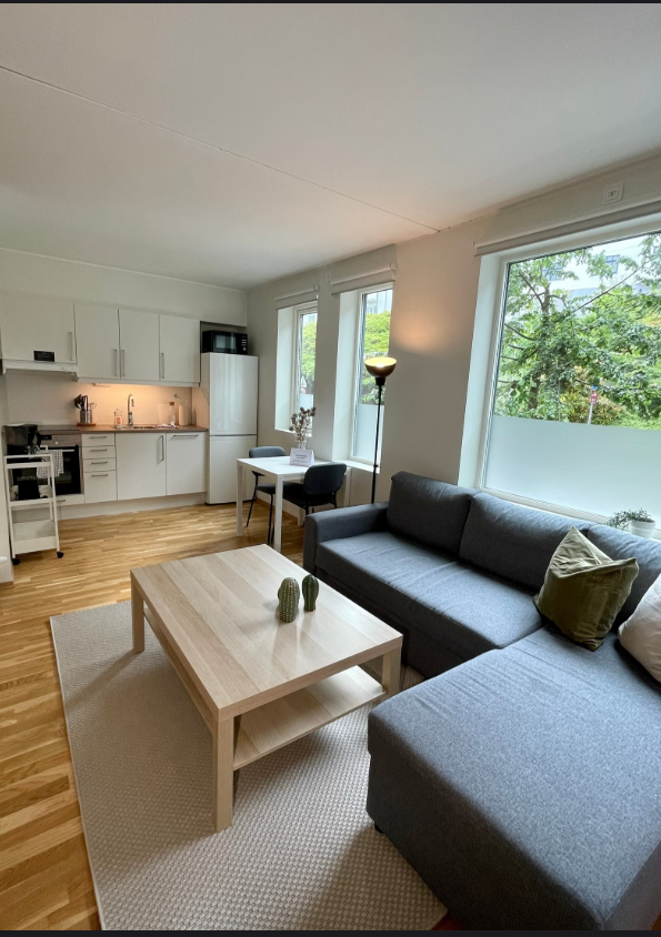 Lys og moderne stue med åpen kjøkkenløsning og spiseplass. Galleribilde