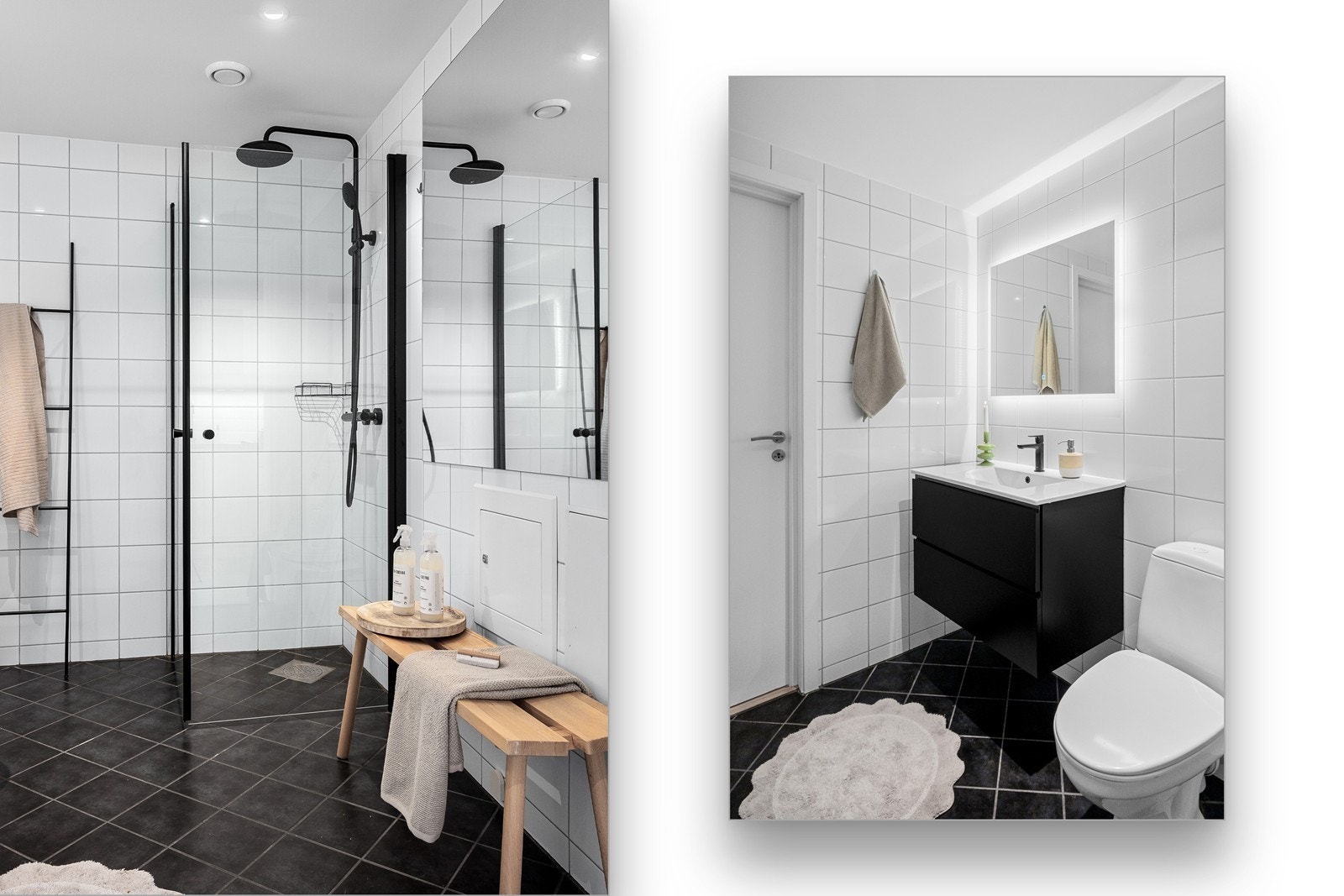 Innredningen består av gulvmontert toalett, dusjhjørne samt nedfelt servant med skuffeseksjon og stort speil med integrert belysning. Galleribilde