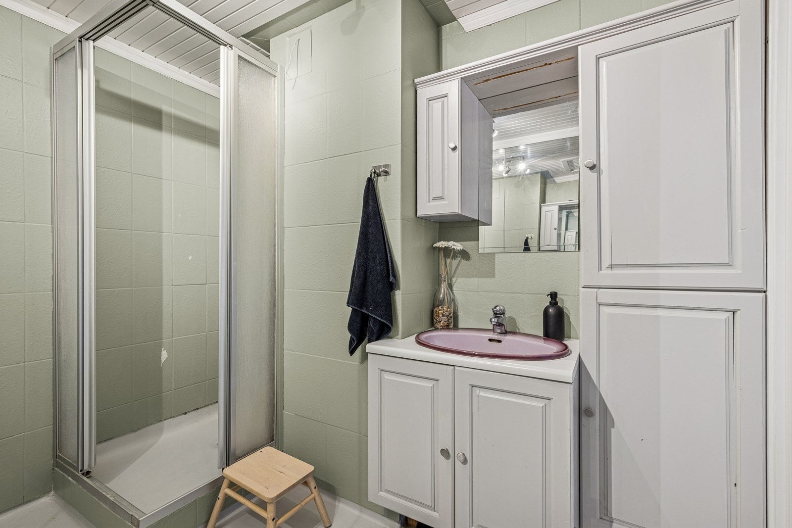 Rommet er utstyrt med en plasstøpt dusjnisje med dusjarmatur montert på vegg og dusjdører som skjermer godt for vannsøl. Videre finner du et gulvmontert toalett og en baderomsinnredning i heltre. Galleribilde