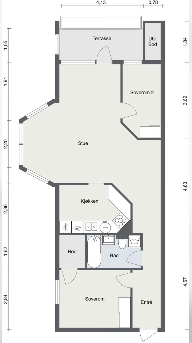 Plantegning. I tillegg disponere boligen en bod ved inngang fra garasjeplassen. Galleribilde