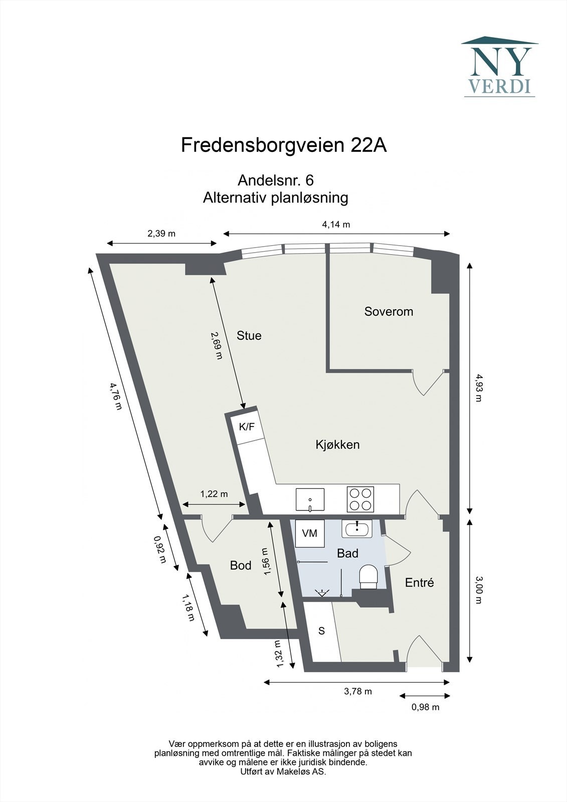 Alternativ planløsning ved å gjøre om til 2-roms leilighet. Galleribilde