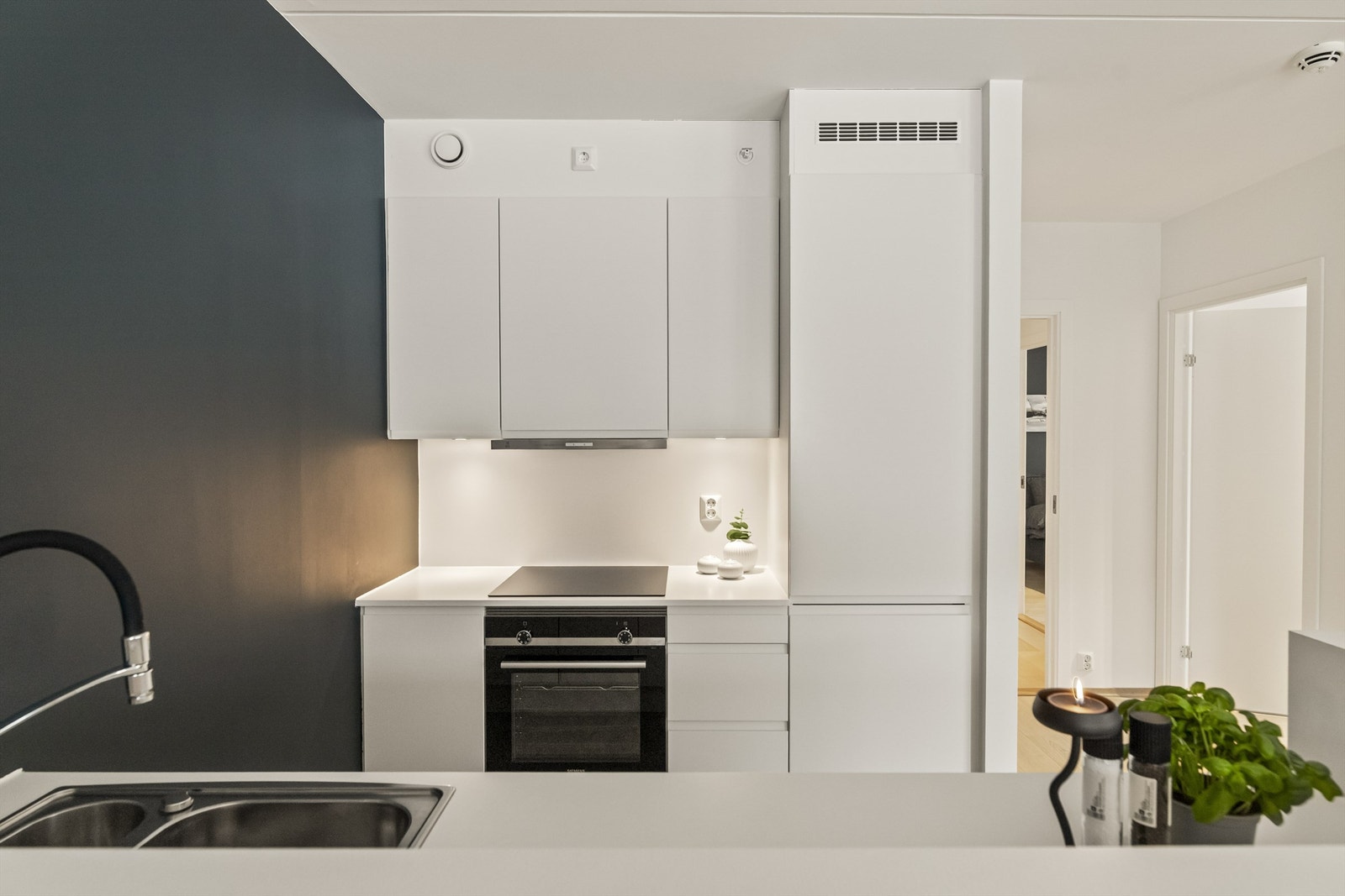 Det er integrert platetopp, komfyr, oppvaskmaskin og kjøl/fryseskap som følger med Galleribilde