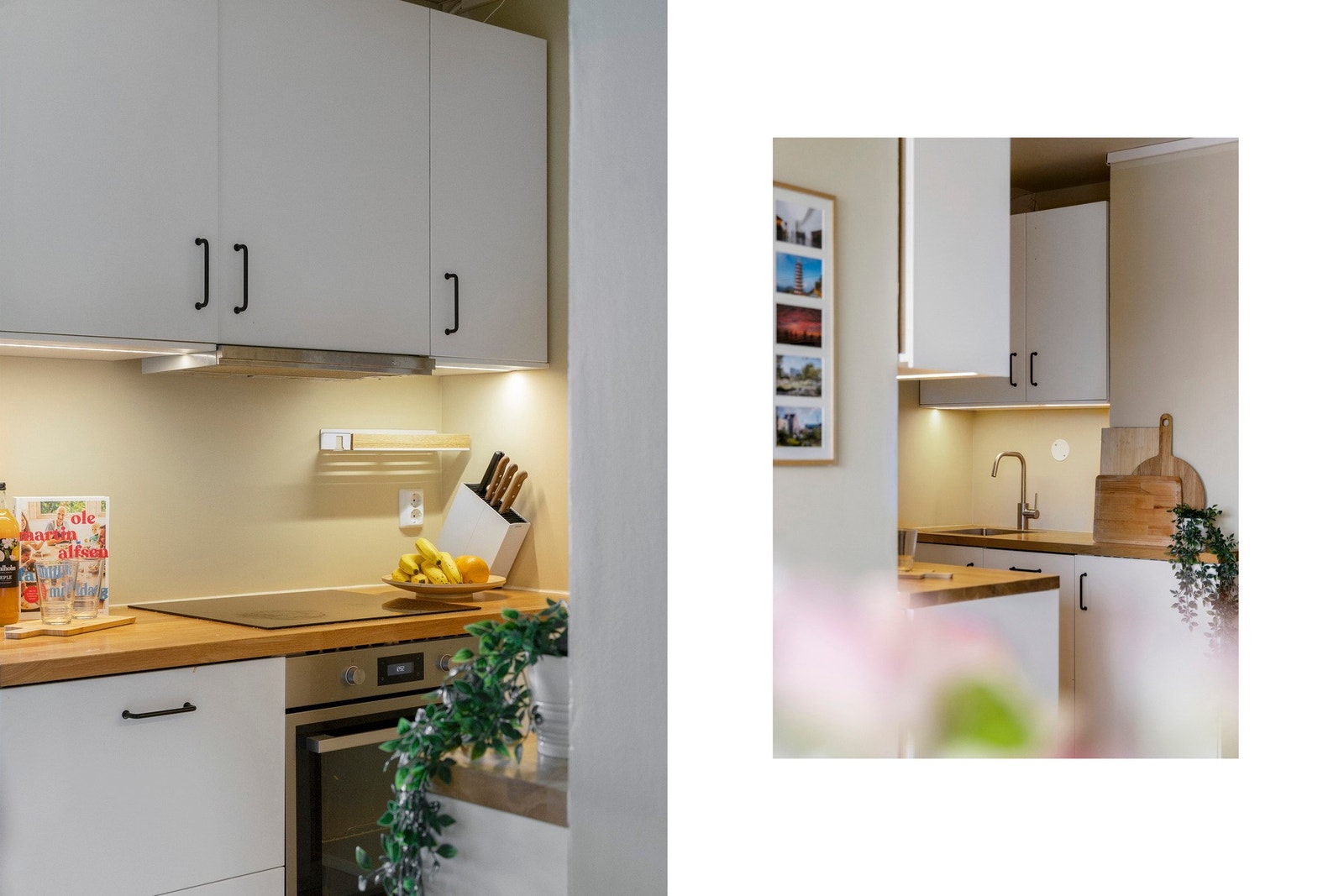 Dette er et moderne og oppgradert IKEA-kjøkken fra 2024. Her finner du integrert platetopp, stekeovn og oppvaskmaskin. Galleribilde