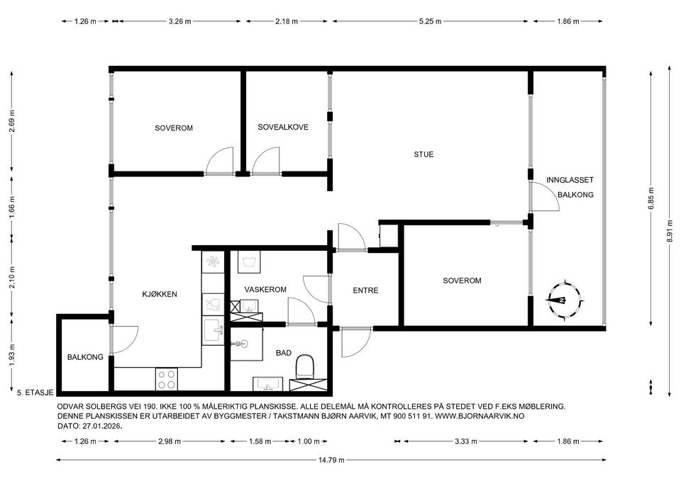 Leiligheten på 85 m² har en arealeffektiv planløsning med to soverom og en praktisk sovealkove. Galleribilde