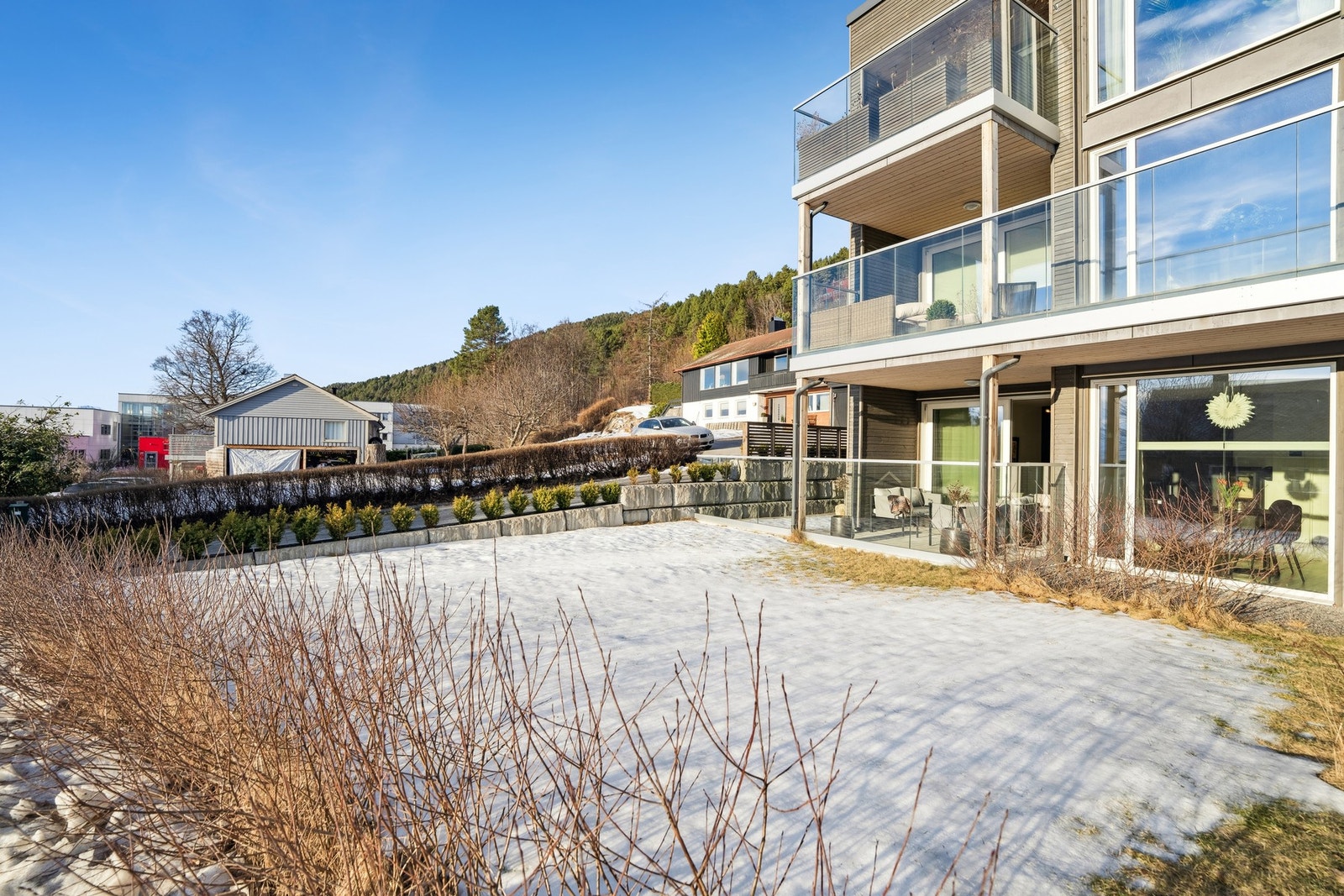 Pent uteområde med plen, beplantning samt ulike busker og trær. Galleribilde