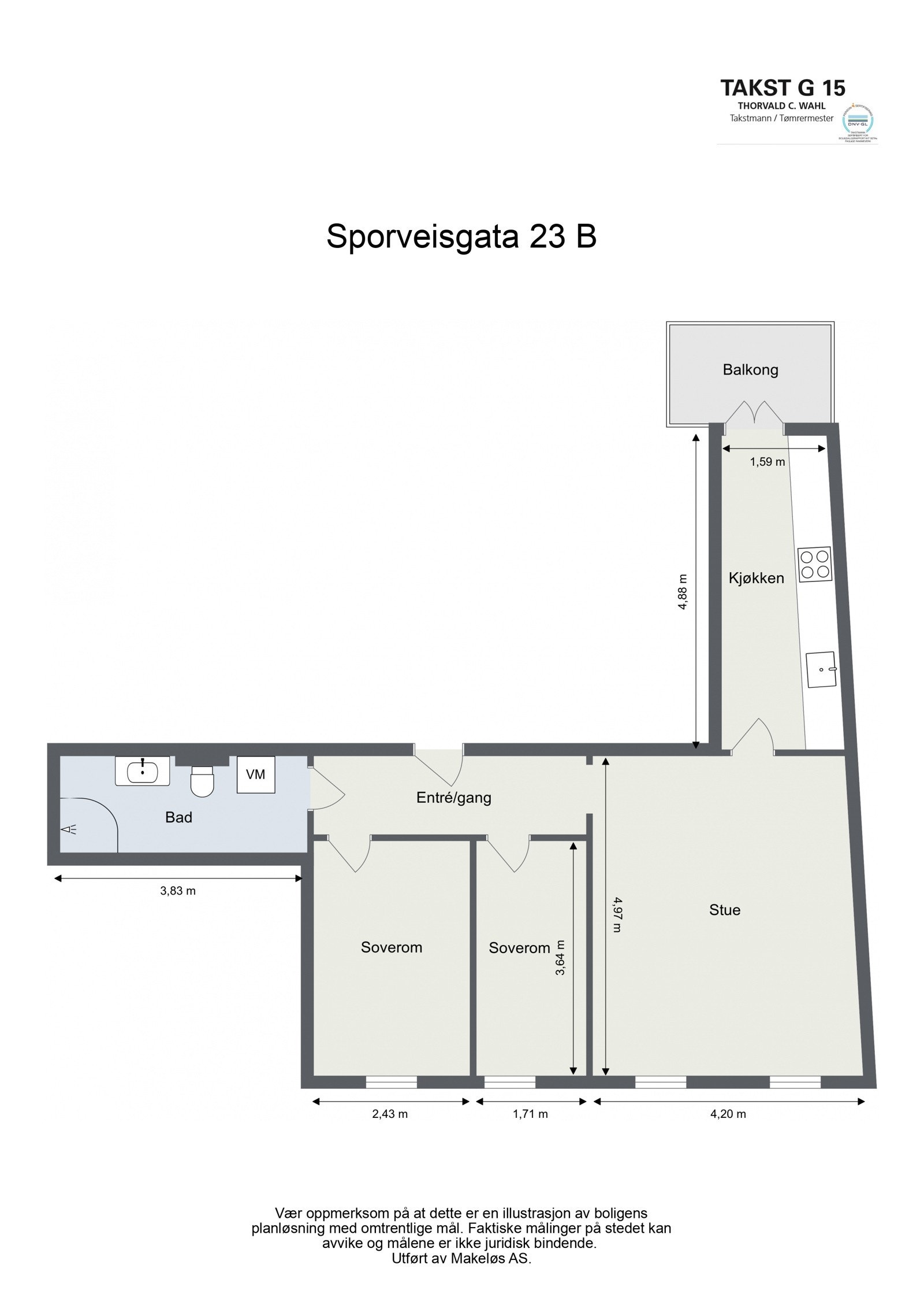 God planløsning med entré, bad, 2 soverom, kjøkken og stue. Utgang fra kjøkken til 4 kvm balkong. Galleribilde