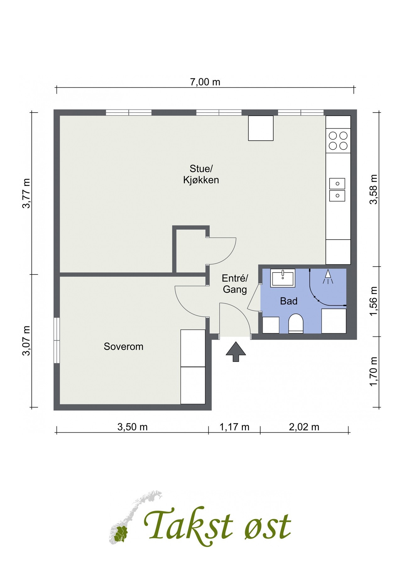 Plantegning. I tillegg disponerer leiligheten en kjellerbod på 4 kvm og en loftbod med gulvareal på ca. 8 kvm. Galleribilde