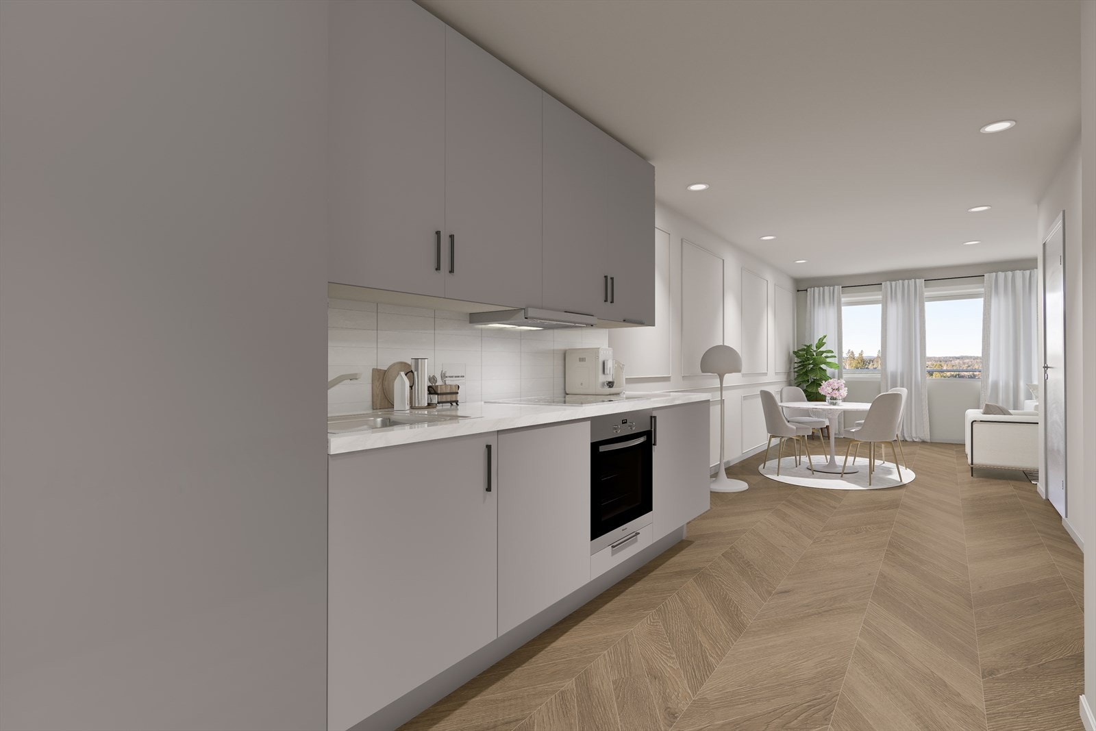 For et pristillegg kan leiligheten oppgraderes med nytt HTH kjøkken, fiskebeinsparkett, slette overflater med vegglister i oppholdsrom. NB! bilde er kun visualisering. Galleribilde