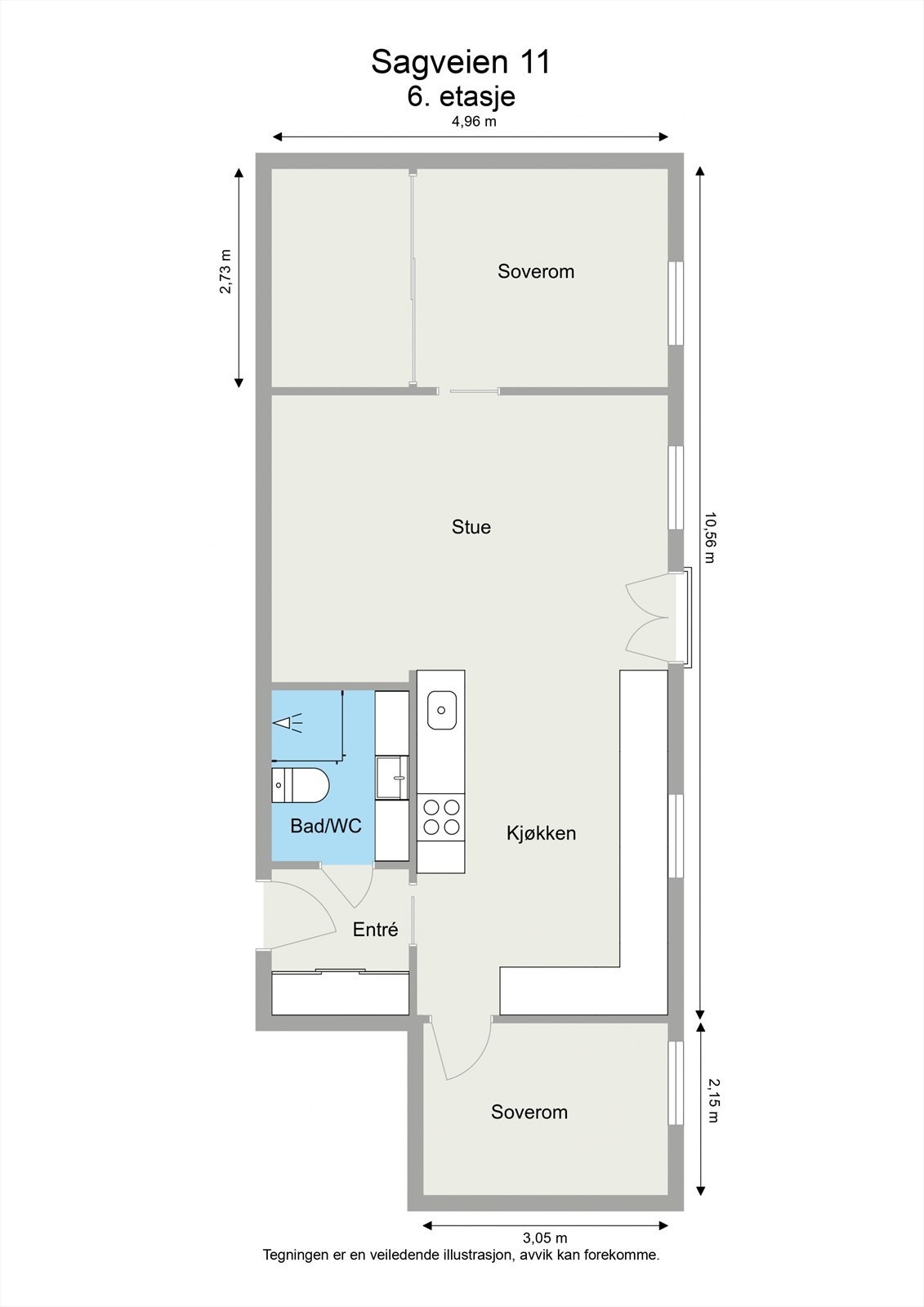 Leiligheten ligger i 6.etasje og har en god planløsning som inneholder entré, bad/wc, to soverom, kjøkken og stue. Galleribilde