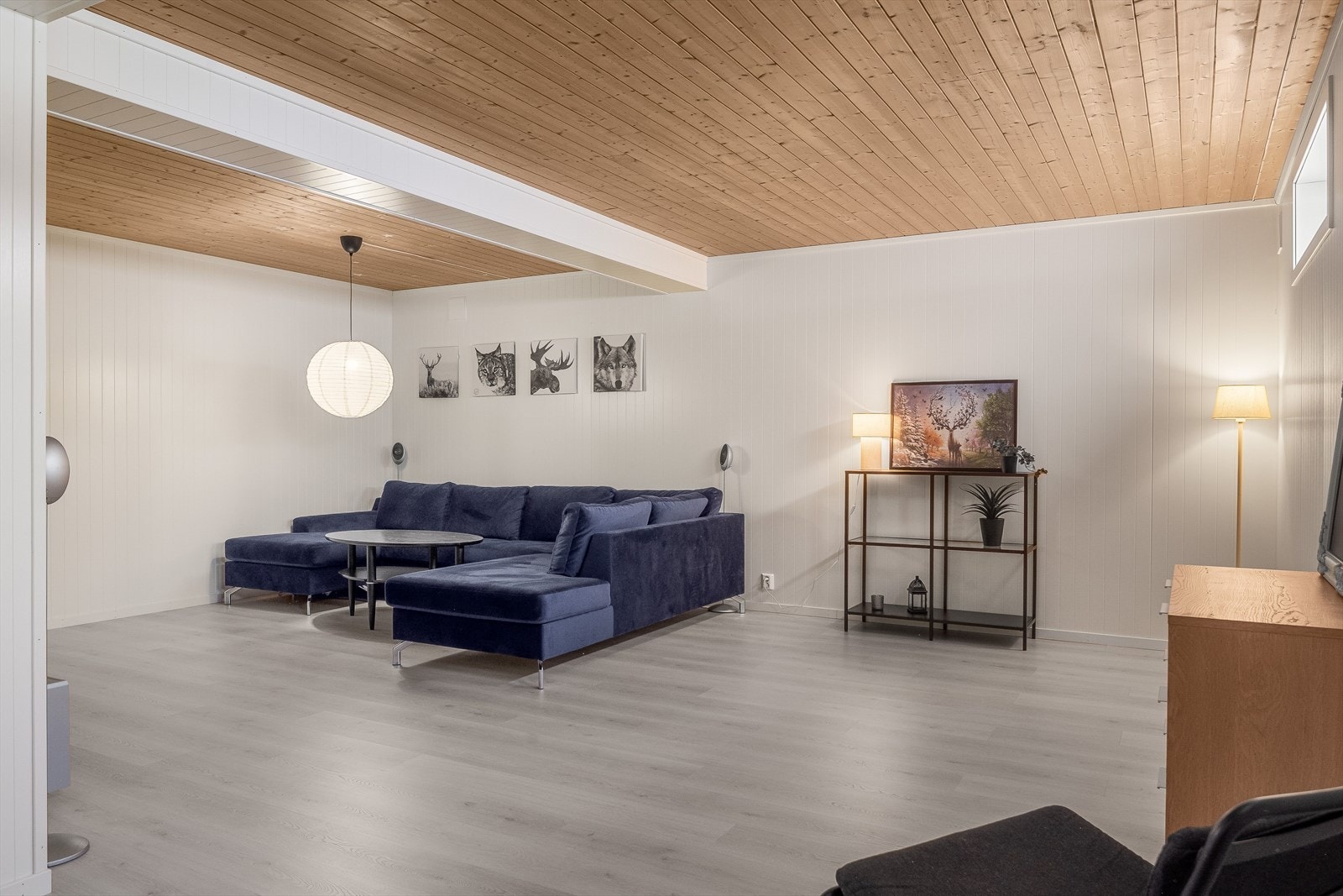 Rommet har lys enstavs laminat på gulv, lyse panelplater og veggene og hovedsakelig skjult elektrisk anlegg. Galleribilde