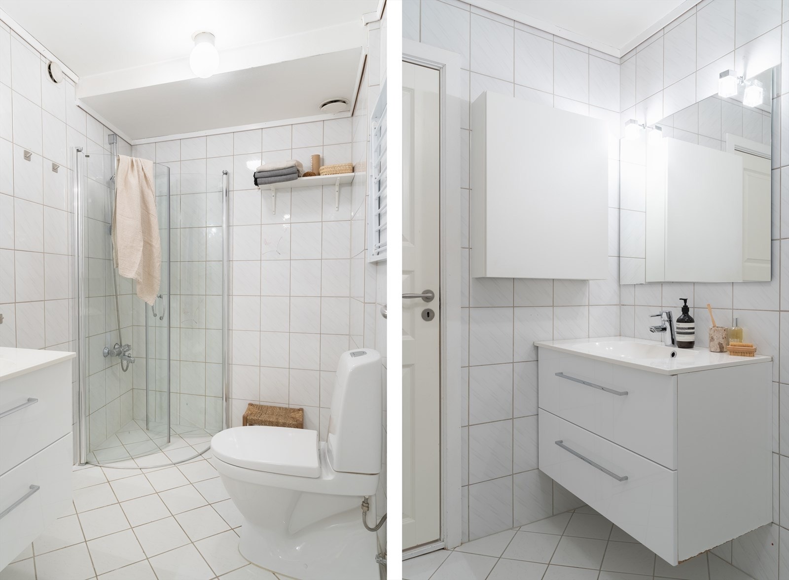 Rommet er utstyrt med dusjhjørne, toalett og servant med oppbevaring. Galleribilde