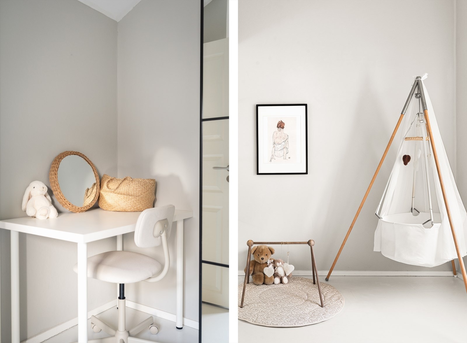 Rommet har malte overflater og plass til seng og oppbevaring. Galleribilde