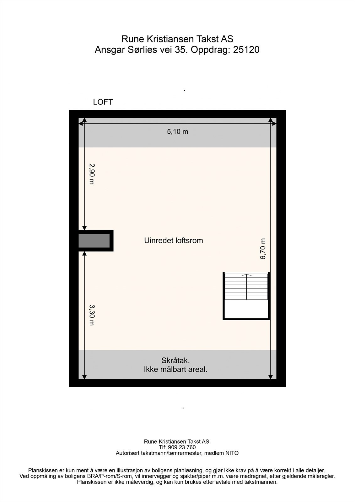 Plantegning loftetasje med mål fra takstmann. Galleribilde
