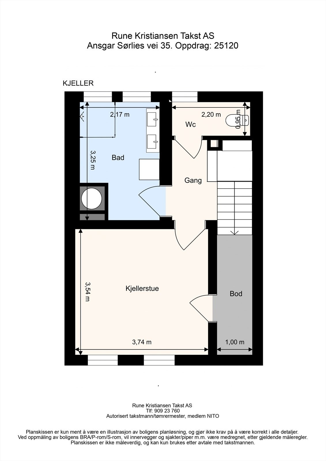 Plantegning kjelleretasje med mål fra takstmann. Galleribilde