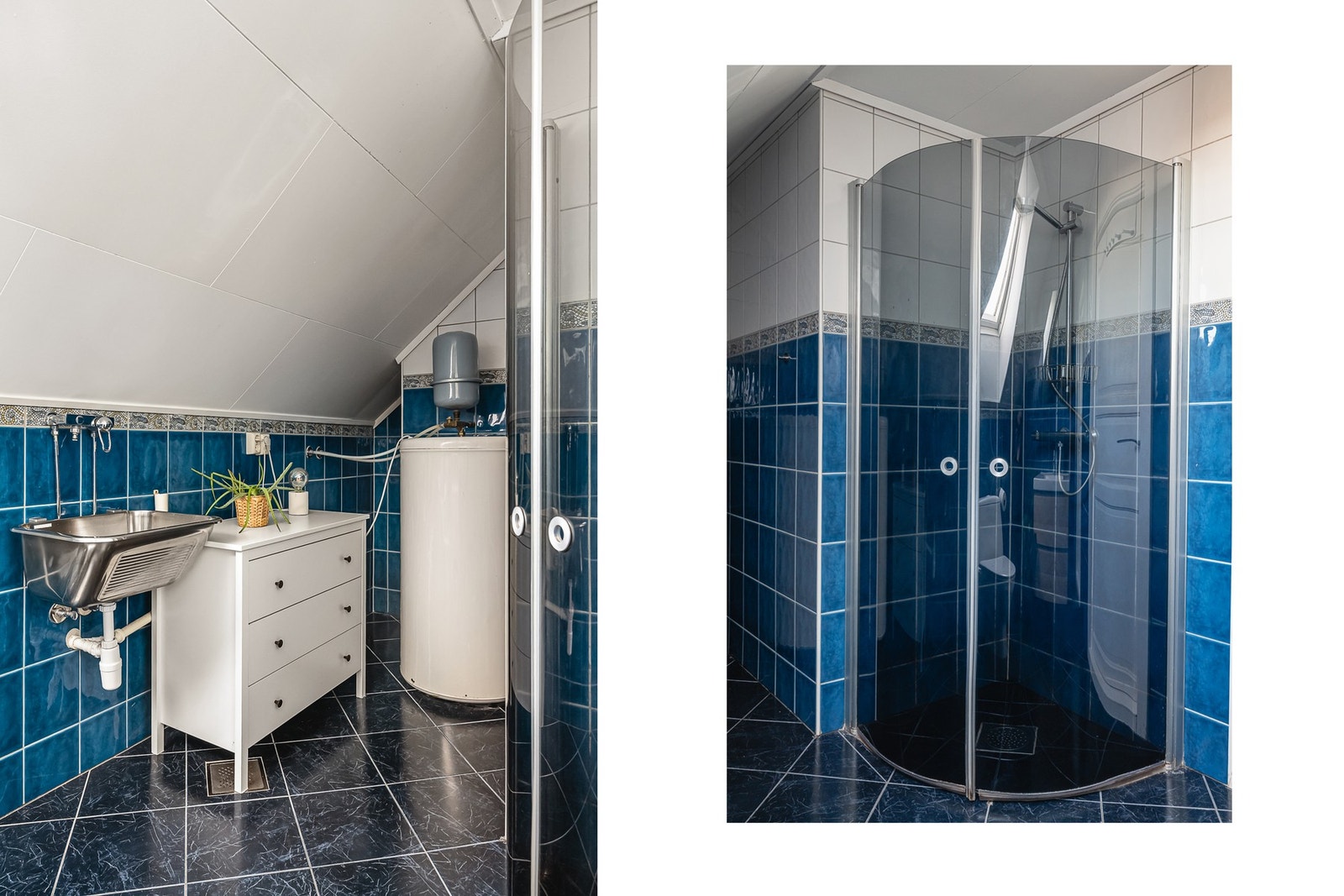 Badet inneholder toalett, helstøpt servant, skuffer under servant med slette fronter, dusjkabinett, utslagsvask og opplegg for vaskemaskin. Galleribilde