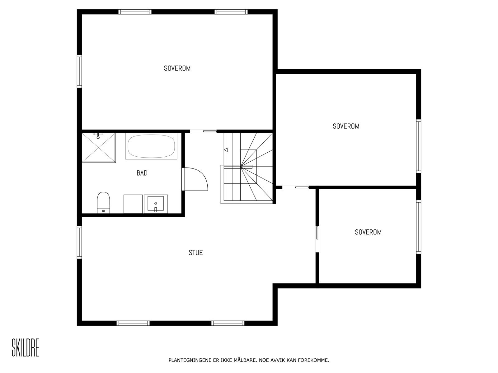 Plantegning for 2.etasje. Ved behov for flere soverom så kan det være muligheter for å lage flere ved å eksempelvis dele av nåværende soverom. Galleribilde