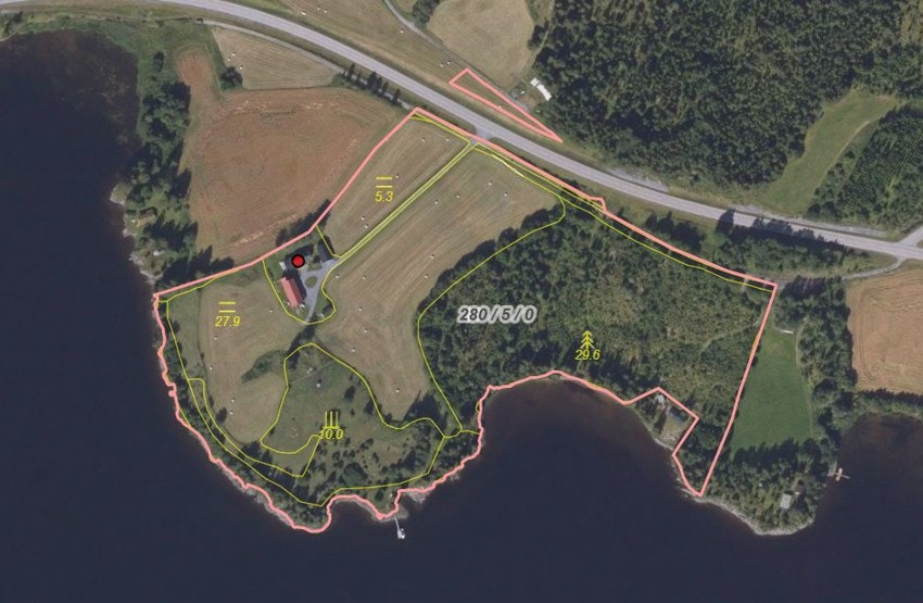 Eiendommen er på 84,2 dekar og grenser til Snåsavatnet med lang strandlinje Galleribilde